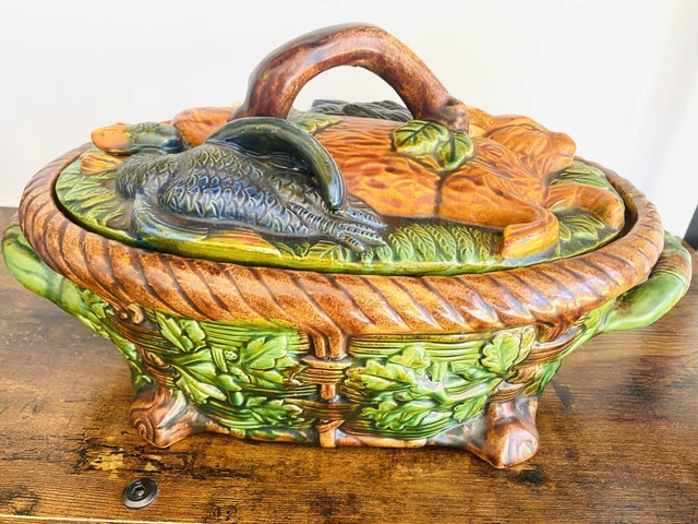 Vintage Majolica Game Pie Dish Hare Rabbit Duck Ceramic With Cover