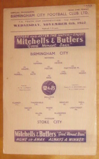 Birmingham City v Stoke City F.A. Youth Cup 2nd Round 6/11/1957