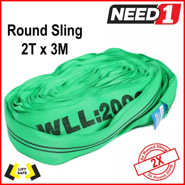 LIFT SAFE - 2x - 2T by 3m - Round Lifting Slings - 100% Polyester - Test cert