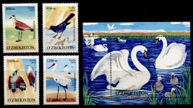 Kiebitz, Kranich, Schwan u.a. Vögel. 4W+Block. Usbekistan  2010