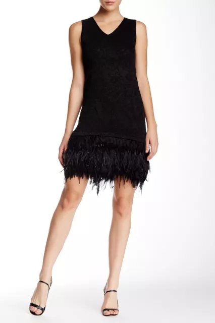 Nwt Nanette Lepore Music Hall Black Wool Blend Feather V Neck Dress Size Xs $398
