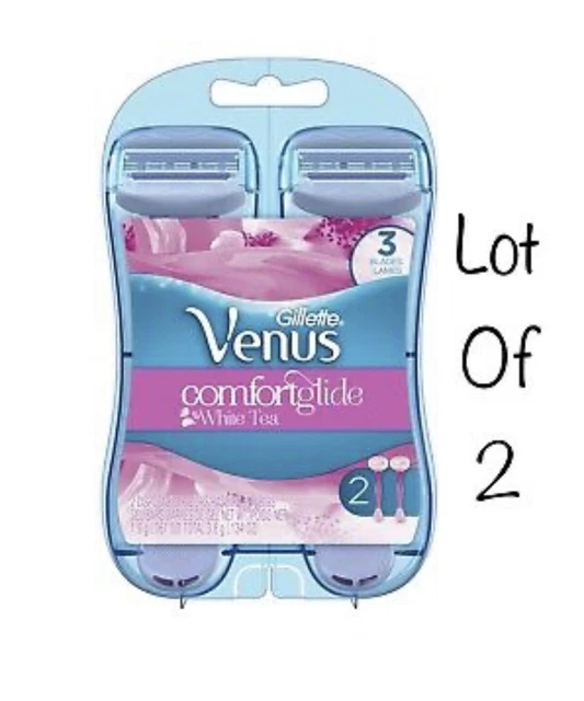 2- Navaja de afeitar desechable Gillette Venus para mujer Comfortglide 3 hojas, té blanco 2 quilates