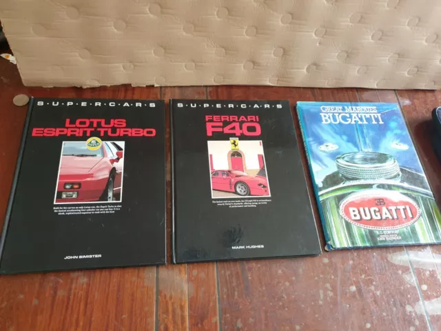 3x HARDCOVER Books Supercars Lotus Esprit Turbo + Ferrari F40 & Bugatti Marques