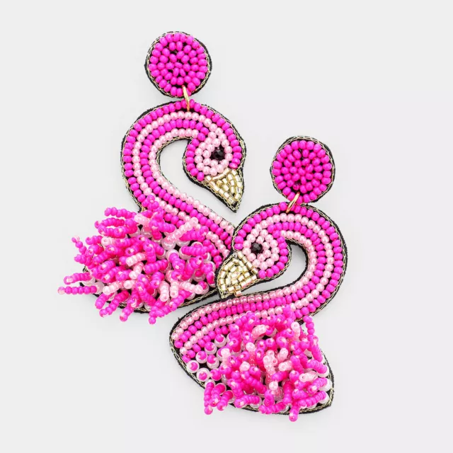 NEW Hot Pink Seed Bead Fringed Tropical Flamingo Drop Dangle Statement Earrings