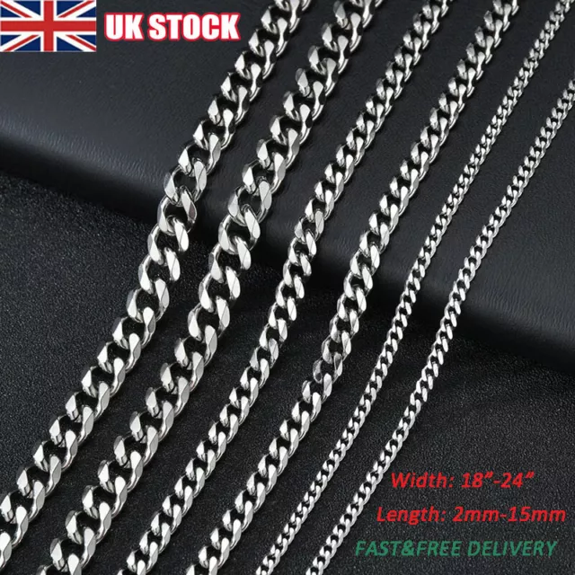 Mens Boys Curb Chain 18"-26" 2mm - 15mm Stainless Steel Silver Cuban Necklace UK