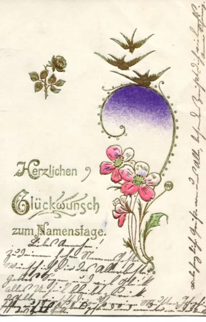 uralte AK, Herzlichen Glückwunsch zum Namenstage, Blumen mit Vögel, 1905
