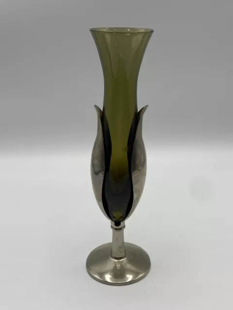Vtg MCM Avocado Green Glass Vase Silver Plate Leaf Tulip Pedestal Stand Japan