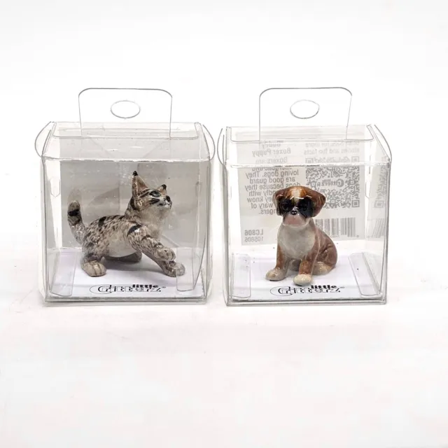 Two Little Critterz Miniature Porcelain Figurines Boxer Puppy Maine Coon Kitten