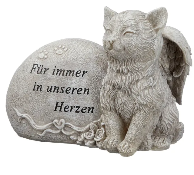 Grabstein Katze mit Engelsflügeln und Spruch in Grau 17 cm Figuren Grabdeko