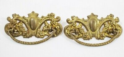 2 Antique Vtg AAB Co Victorian Brass Ornate Drawer Handle Bail Pulls Back Plates