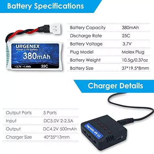 URGENEX 3.7V 380mAh LiPo Battery with Molex Plug Charger 25C 5PCS LiPo Battery f 2
