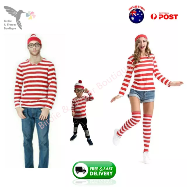 Book Week Women Men Adult Kids Wheres Wally T-shirt Hat Glasses Set Costume AU