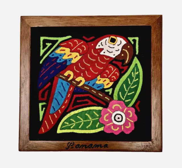 Framed Panama Kuna Mola Parrot Bird Folk Art Indian Handmade Textile 7.5" Vintag