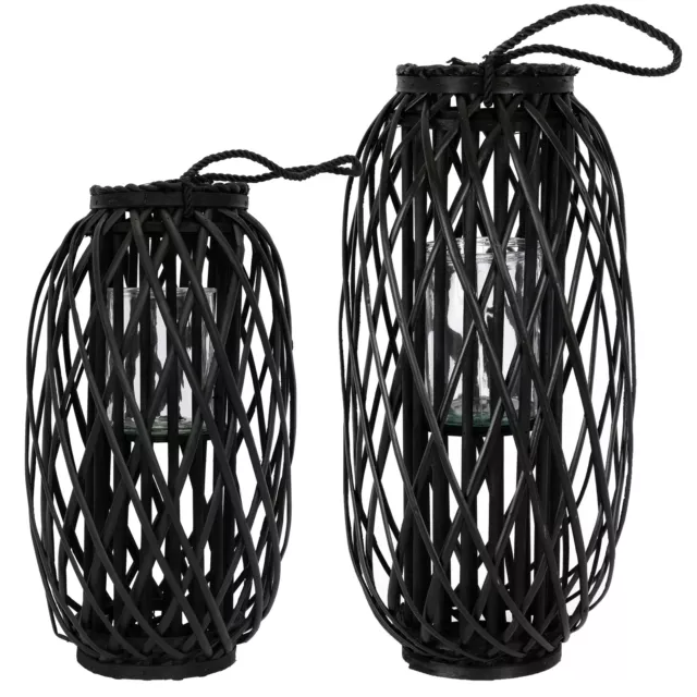 2x Linterna ratán negro soporte de vela natural cesta de caña decoración 50-60cm