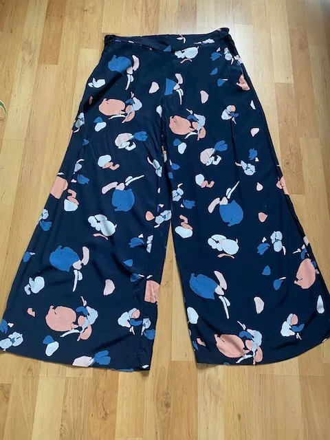 M & S Collection Size 14 Short-Navy-Abstract FloralWide Leg Lightweight Trousers