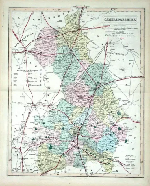 CAMBRIDGESHIRE, Walker Hand Coloured Antique County Railway Map , 1877