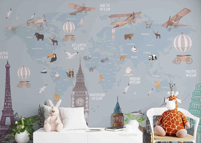 3D ANIMAL WORLD Map Landmarks Wallpaper Wall Mural Peel and Stick ...