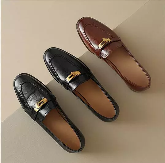 WOMEN'S LEATHER SLIP on Shoes Round Toe Retro Loafers Black Workwear ...