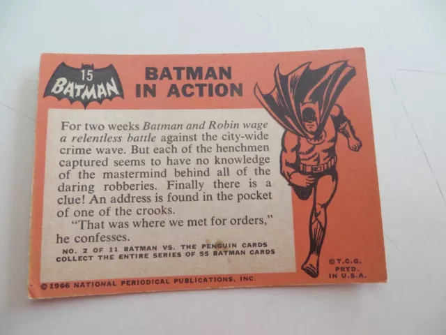 1966 Topps Batman Black Bat Orange Back Bubble Gum Card # 15 Pow, And Robin 2