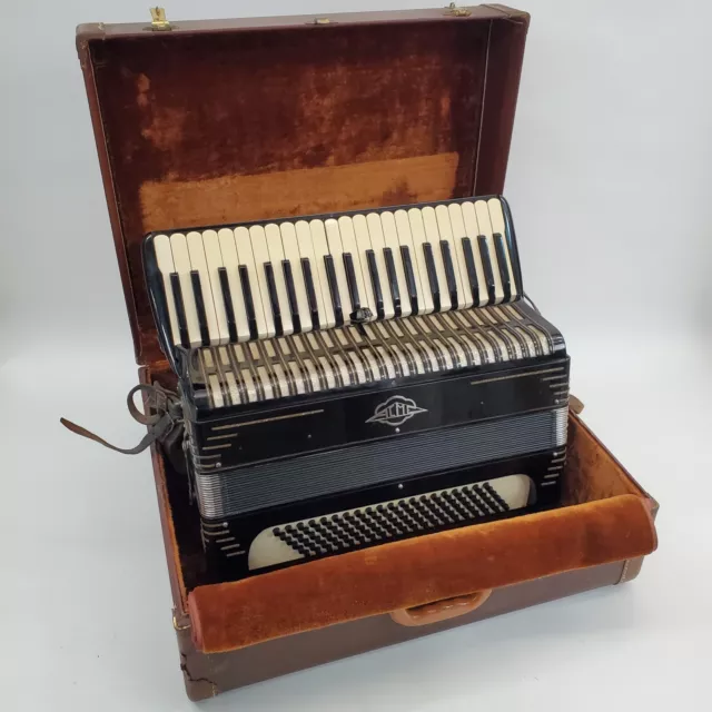 Vintage (1940's?) Acme Accordian Black/Gold w/ Travel Suitcase - Excellent Keys