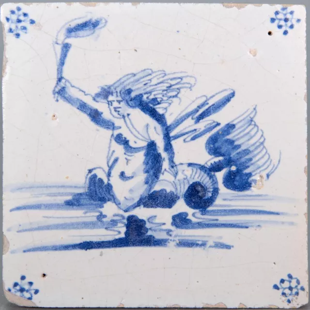 Nice Dutch Delft Blue tile, sea creature: mermaid with torch, 17th century.