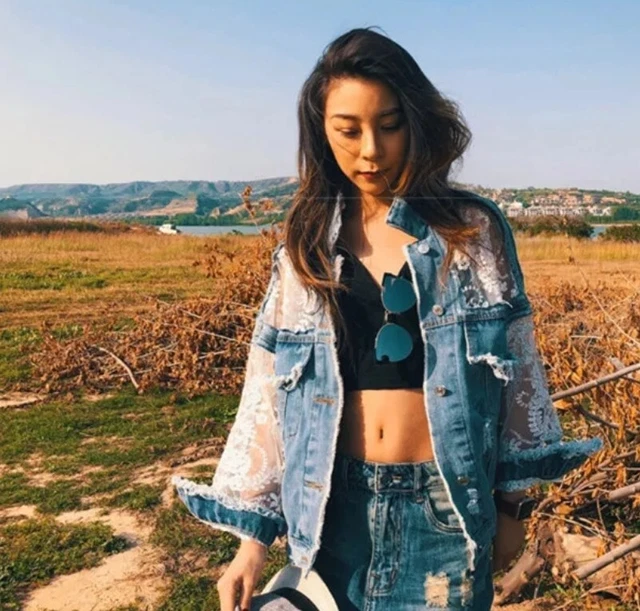 Blue White Lace Stonewash Denim Boho Rock Loose Boxy Distress Jacket Coat 8 10