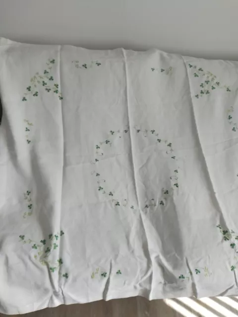 Lovely Vintage Embroidered  Linen Tablecloth 48" Square - Shamrocks