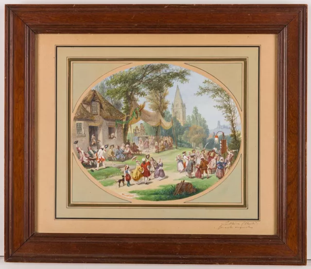 PEINTURE 19e SIGNÉE CHARLES LEBLANC GOUACHE ORIGINALE SCÈNE DE VILLAGE 2