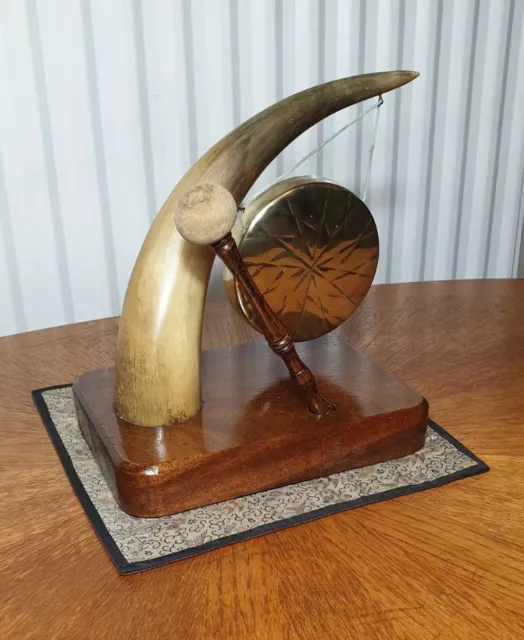 Horn & Brass Table Top Dinner Gong On Mahogany Plinth c.1930, Superb Example!