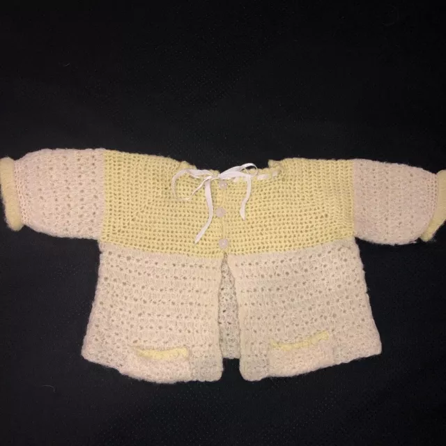 Sweet Vintage 50s Hand Crocheted Baby Sweater Infant Yellow Cream Buttons Ribbon