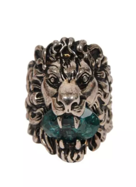 Gucci Mens Silver Lion Head Ring Size 19 With Green Crystal In Mouth