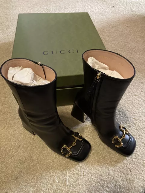 GUCCI Ankle Boots Black Leather Horsebit Baby 55 mm Gold Logo Booties Sz 37