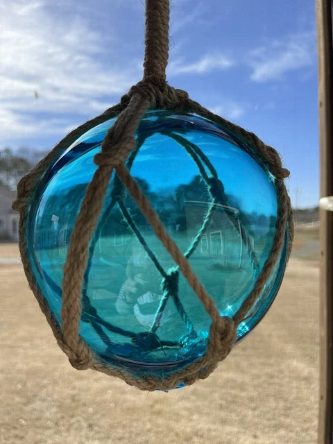 LARGE Japanese 6” Aqua Glass Fishing Float w Brown Rope.