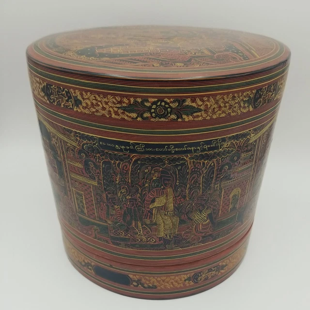 Antique Burmese Lacquer Betel Box 4 pcs (Large 8.75"  tall x 9" in diameter)
