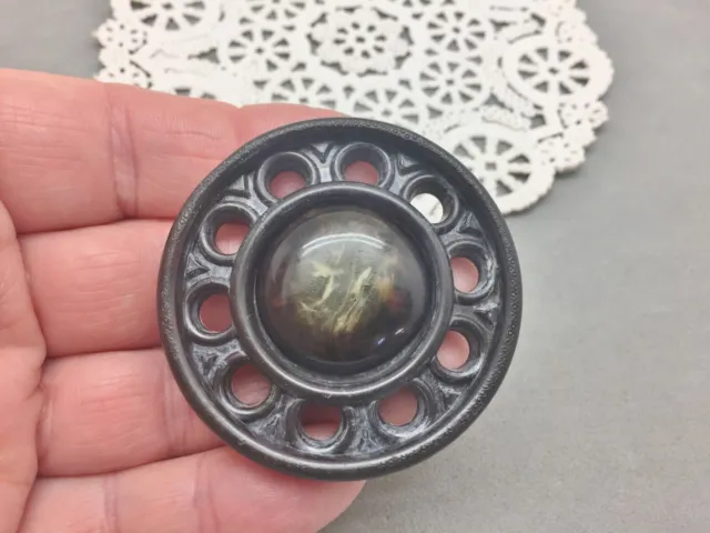 Vintage Celluloid Button 2" Art Deco Black & Green Marble Swirl Sewing Clothes