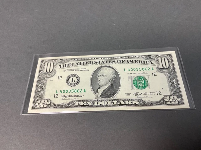 Vintage 1993  $10 Ten Dollar  Bill. ( L series) Federal Reserve Note  Crisp!