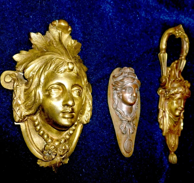 Three Antique French Bronze/Brass Mounts Pediments Decors Female Faces