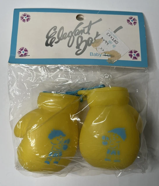 VINTAGE BABY BOXING Gloves Squeak Toy Squeaker Rubber Yellow NOS 14.95