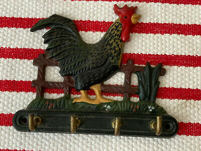 Vintage Cast Iron Rooster Decorated Key Hanger 4 Hooks