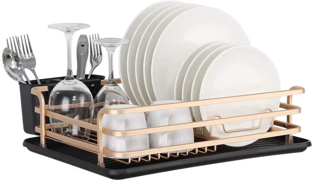 Aluminum Dish Rack with Cutlery Holder Removable Drainer Tray