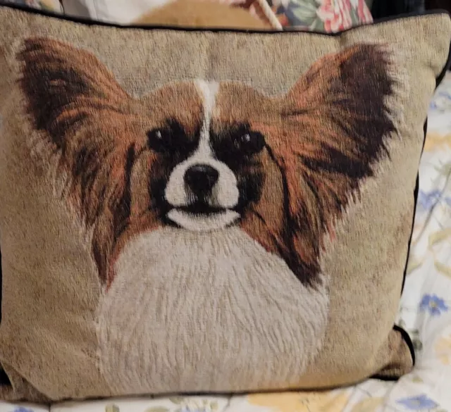 Robert T May Papillon Dog Tapesty Style Throw Pillow 17" x 17" Cording