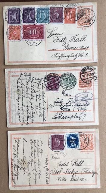 1922 Postkarten 3x als Ganzsachen 40Pf m Zusatzfrank., Inflation