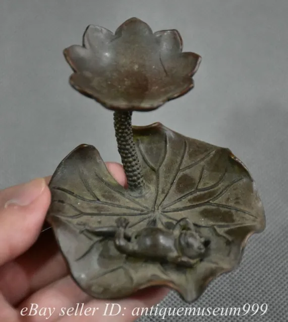 3" Old Chinese Red Copper Bronze Dynasty Palace Lotus Flower Frog Statue