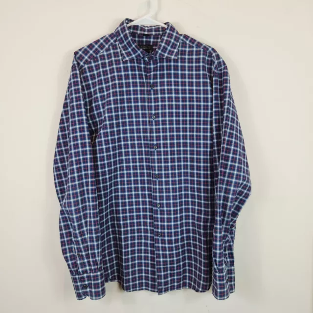 Barneys New York Shirt Men's Large Blue Red Plaid Button Up Long Sleeve Italy