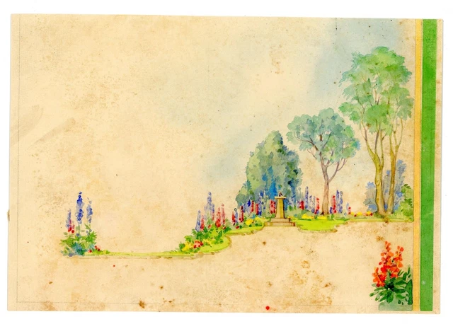 Vintage greetings card artwork illustration floral garden sundial cottage #4 3