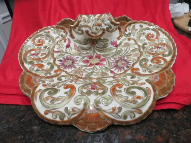 Zsolnay Pecs Hand Painted Porcelain Large Tray Flower Vintage Hungarian