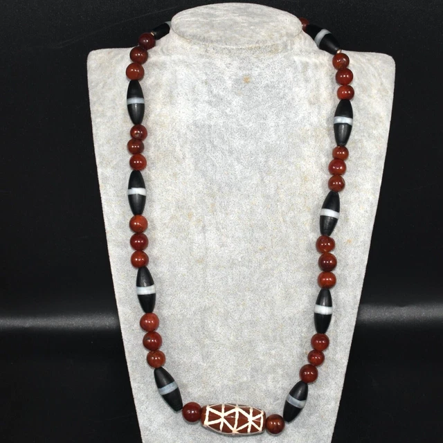 Antique Old Pyu Culture Etched Carnelian & Agate Chung Dzi Bead Necklace