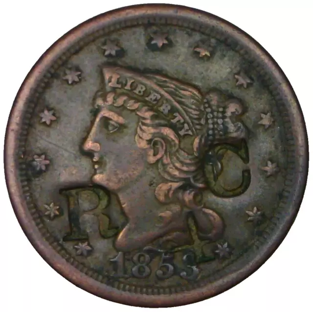 1853 Half Cent Counter Stamped Braided Hair 1/2 Token Exonumia 74