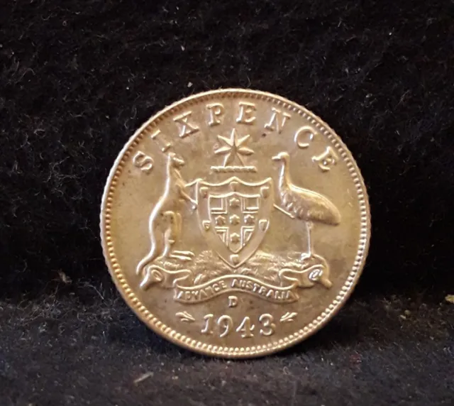 1943-D Australia silver 6 pence, Denver (US) mint, George VI, UNC, KM-38 (AS6)
