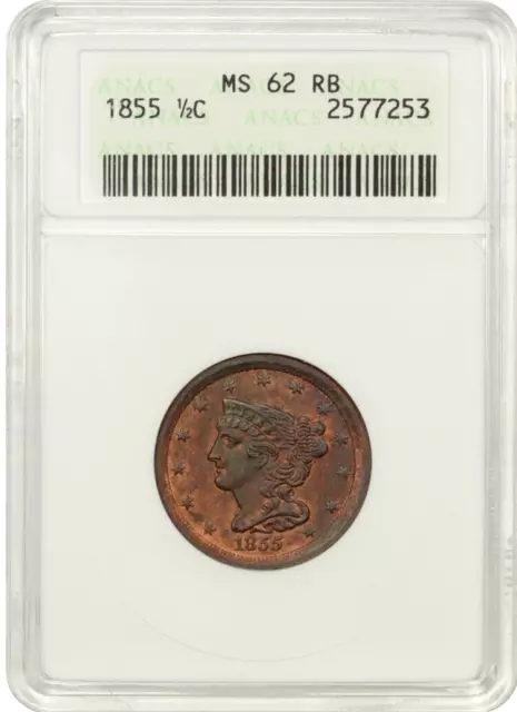 1855 Braided Hair Half-Cent Anacs Ms62 Rb Red Areas Are Nice Deep Red A Pq Coin